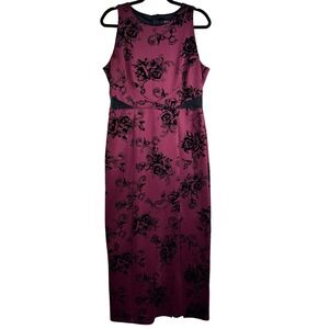 En Focus Studio Dress‎ Womens 12 Burgundy Black Floral Flocked Mesh Maxi Formal